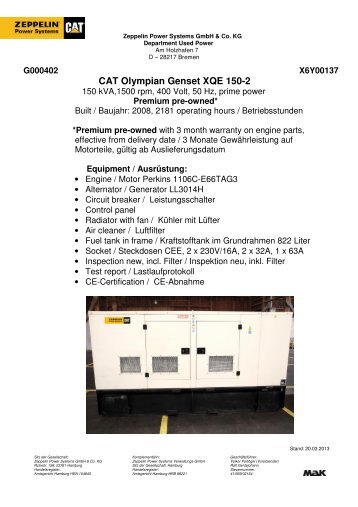 CAT Olympian Genset XQE 150-2 - Zeppelin Power Systems