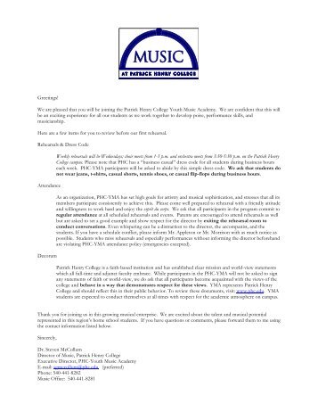 YMA Welcome & Policy Letter - Patrick Henry College