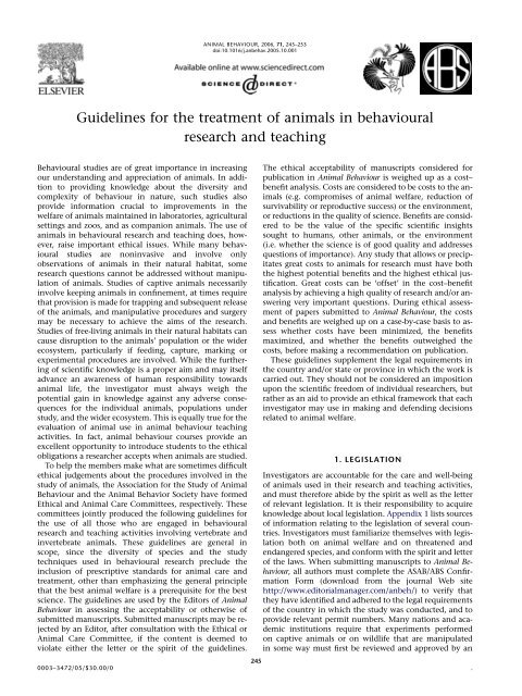 Guidelines for the Treatment of Animals in Research and Teaching