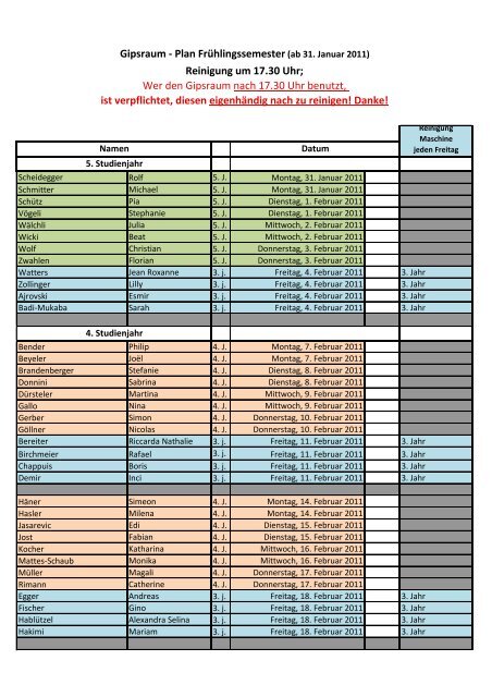 Gipsraum - Plan FrÃƒÂ¼hlingssemester (ab 31. Januar 2011) Reinigung ...