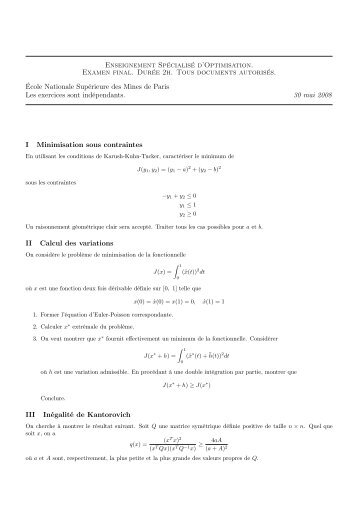 Enseignement SpÃ©cialisÃ© d'Optimisation. Examen final. DurÃ©e 2h ...