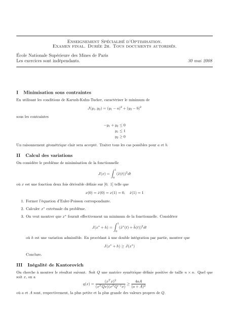 Enseignement SpÃ©cialisÃ© d'Optimisation. Examen final. DurÃ©e 2h ...