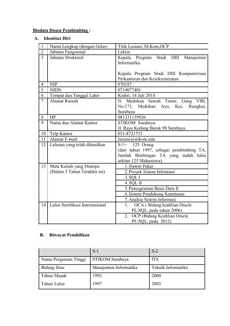 biodata bu titik (untuk PKM) - Blog Sivitas STIKOM Surabaya