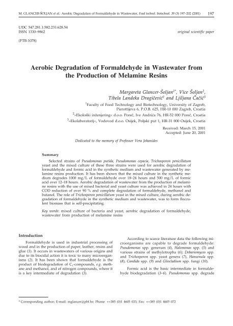 Aerobic Degradation of Formaldehyde in Wastewater - Food ...