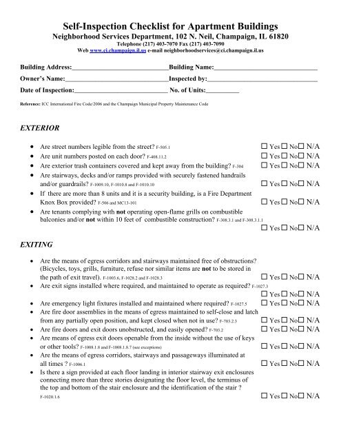 Self-Inspection Checklist for Apartment Buildings