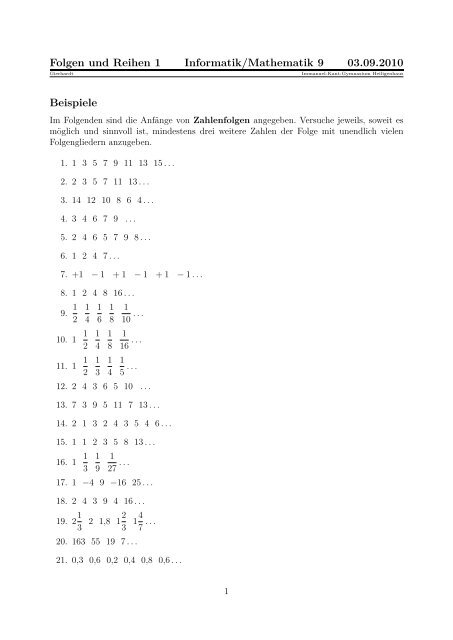 Verschiedene Zahlenfolgen, Fibonacci-Folge, arithmetische und ...