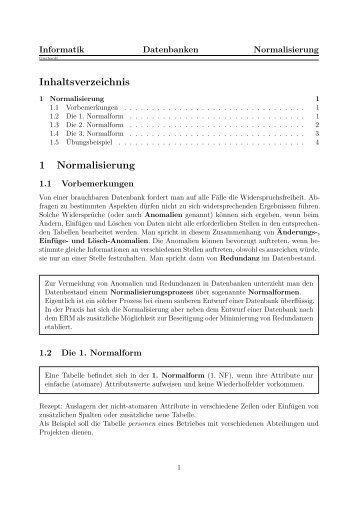 Inhaltsverzeichnis 1 Normalisierung - Informatik in der Oberstufe