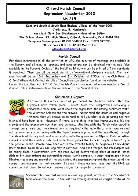 Otford Parish Council September Newsletter 2012 No 215 - Otford.info