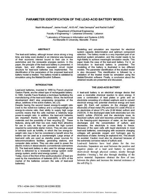 parameter identification of the lead-acid battery model