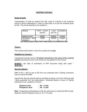 CONTRACT DETAILS Scope of work: Transportation of Acids by ...