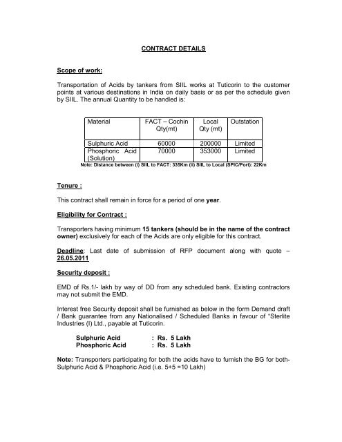 CONTRACT DETAILS Scope of work: Transportation of Acids by ...