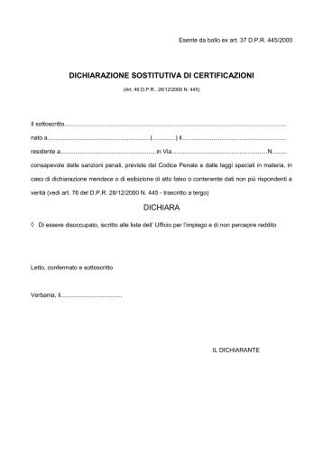 dichiarazione sostitutiva disoccupato - Comune di Verbania