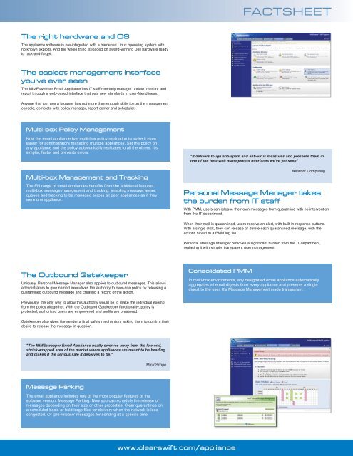 Clearswift Factsheet :: MIMEsweeper Email Appliance - MSS