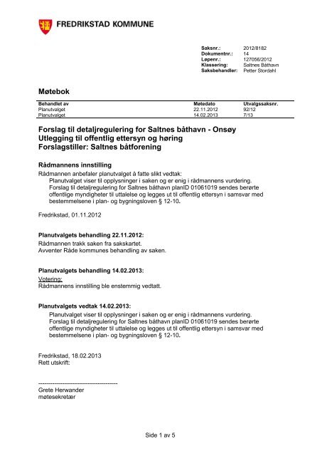 Møtebok Forslag til detaljregulering for Saltnes båthavn - Fredrikstad ...