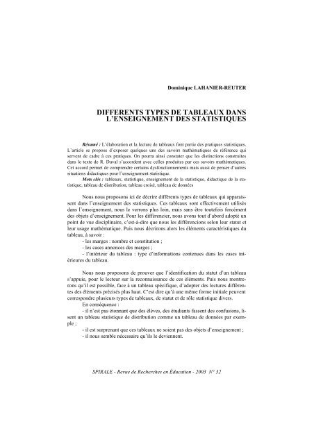 Differents Types De Tableaux Dans L Enseignement Des Statistiques