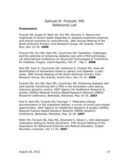 Samuel N. Forjuoh, MD Reference List