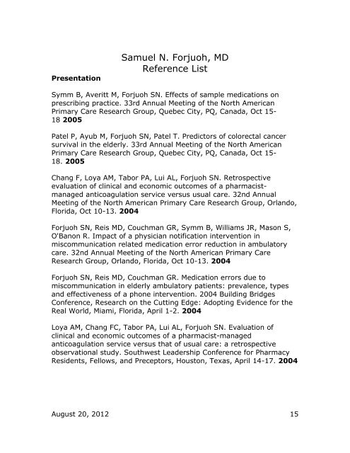 Samuel N. Forjuoh, MD Reference List