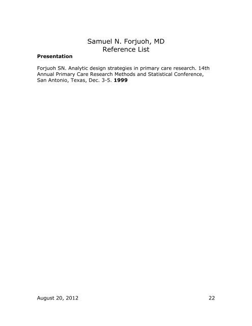 Samuel N. Forjuoh, MD Reference List