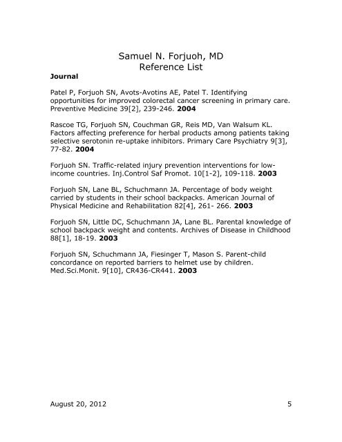 Samuel N. Forjuoh, MD Reference List