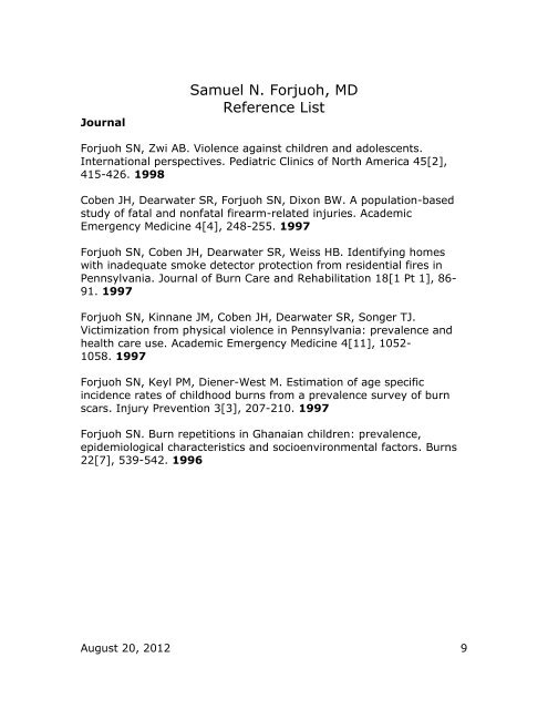 Samuel N. Forjuoh, MD Reference List