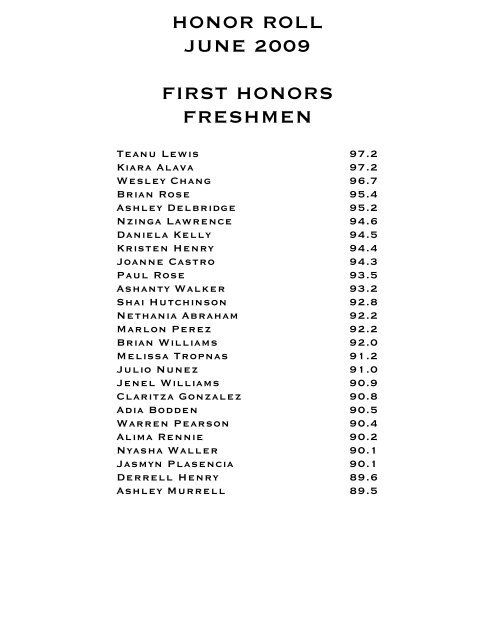 HONOR ROLL JUNE 2009 FIRST HONORS FRESHMEN