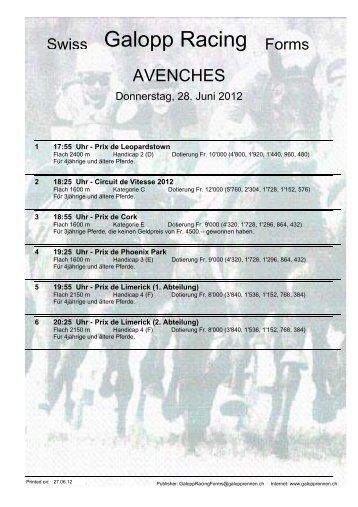 28. Juni 2012 AVENCHES Rennen 1 - Galopp Racing Forms