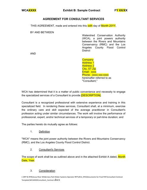 WCAXXXX Exhibit B: Sample Contract FY XX/XX AGREEMENT FOR ...