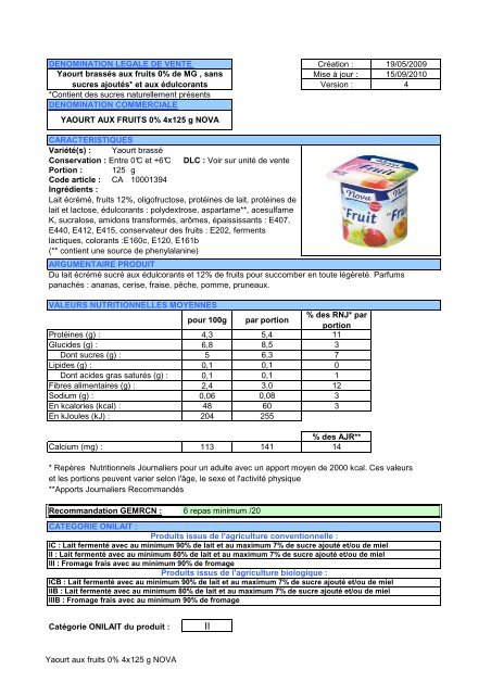 Yaourt aux fruits 0% 4x125 g NOVA - Mercuriale.net