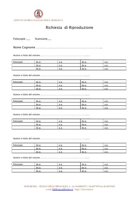 Modulo di richiesta fotocopie - Istituto Storico Italiano per il Medioevo