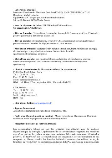 (ICMPE). UMR CNRS-UPEC n° 7182 Directeur : Michel Latro