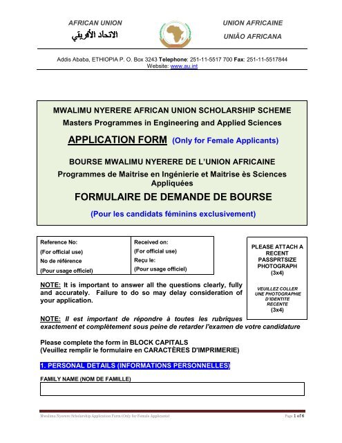 Formulaire De Demande De Bourse Union Africaine