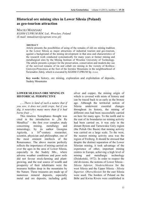 Historical ore mining sites in Lower Silesia (Poland) - Acta Geoturistica