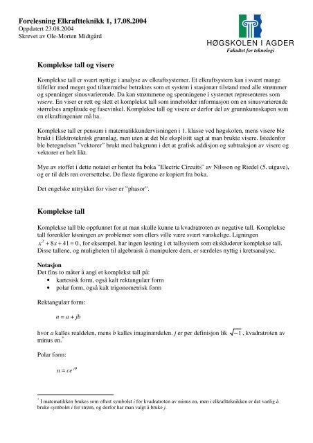 HÃGSKOLEN I AGDER Komplekse tall og visere ... - Of the Clux