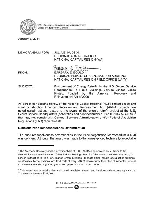 January 3, 2011 MEMORANDUM FOR: JULIA E ... - Inspector General