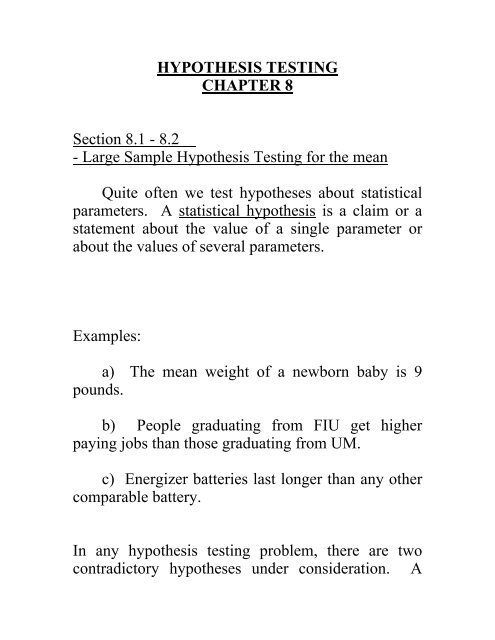 HYPOTHESIS TESTING CHAPTER 8 Section 8.1 - 8.2 - Large ...