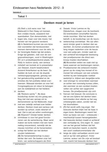 Eindexamen havo Nederlands 2012 - II Denken moet je leren - sjl2.nl