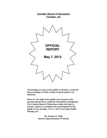 May 7 2013 Superintendent Report - Camden City Public Schools