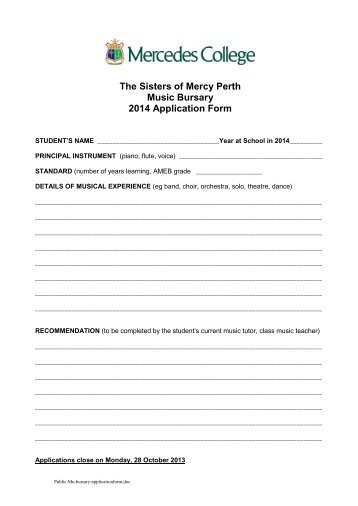 Sisters of Mercy Music Bursary Application Form