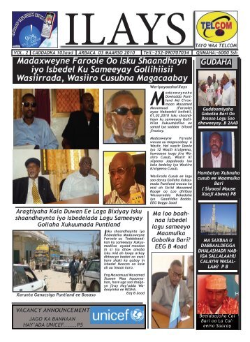 Madaxweyne Faroole Oo Isku Shaandhayn iyo ... - SomaliTalk.com