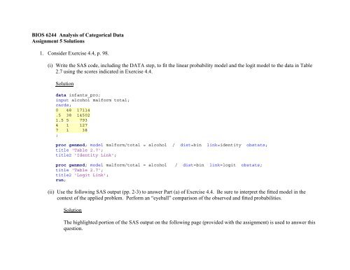 Bios 6244 Analysis Of Categorical Data Assignment 5 Solutions 1