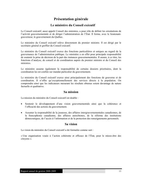 Rapport annuel de gestion 2008-2009 du ... - Conseil exÃ©cutif