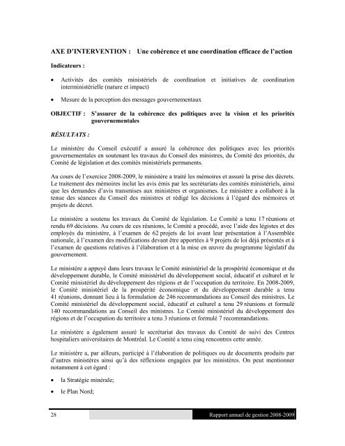 Rapport annuel de gestion 2008-2009 du ... - Conseil exÃ©cutif