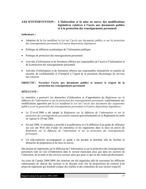 Rapport annuel de gestion 2008-2009 du ... - Conseil exÃ©cutif