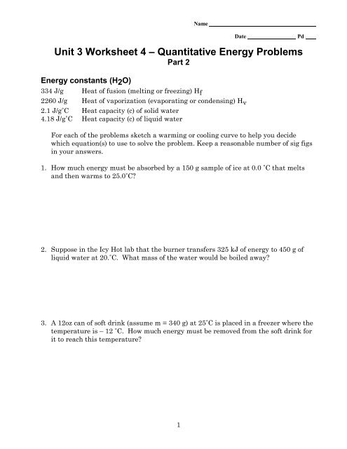 Unit 3 Worksheet 4 – Quantitative Energy Problems