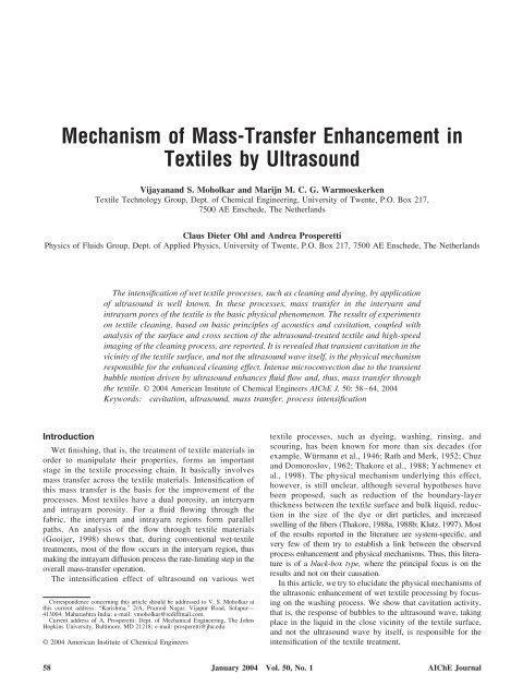 Mechanism of mass-transfer enhancement in textiles by ultrasound