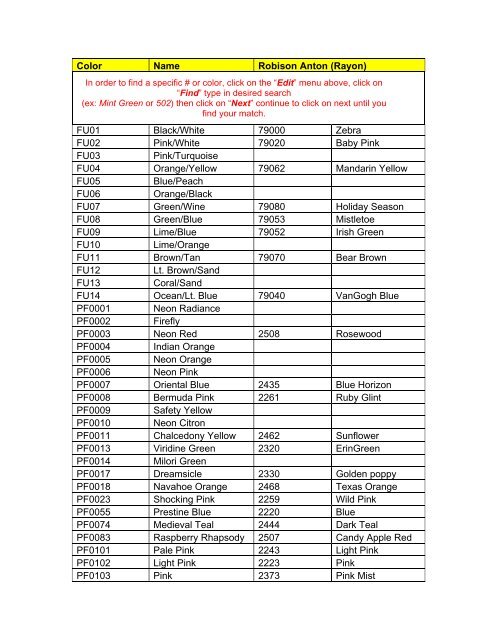 Robison Anton Rayon Thread Conversion Chart