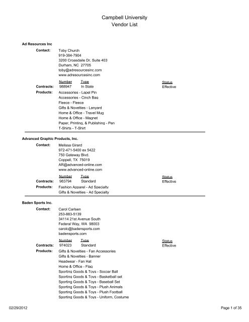 Campbell University Vendor List