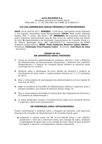 ALFA HOLDINGS S.A. Sociedade AnÃ´nima de Capital Aberto CNPJ ...