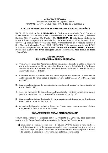 ALFA HOLDINGS S.A. Sociedade AnÃ´nima de Capital Aberto CNPJ ...