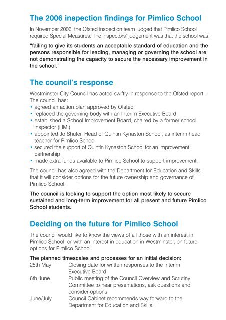 The future for Pimlico School - Westminster City Council